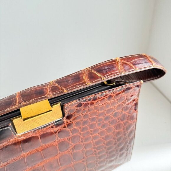 Vintage 50s 60s Crock Skin Brown medium Top Handle Bag - Picture 4 of 16